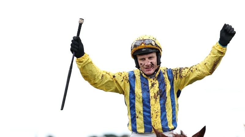 Jockey Paul Townend celebrates after winning the Nathaniel Lacy & Partners Solicitors Novice Hurdle on Doctor Steinberg during day two of the Dublin Racing Festival at Leopardstown Racecourse in Dublin.