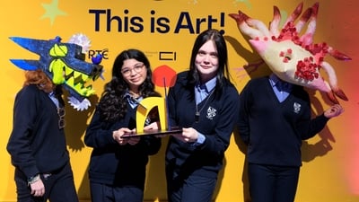 Just four of students of the 2025 This is Art! Group Category winners, Holly Peterson-Gallen, Alma Sarhan, Sophia Pilenok and Jiarui He of Dominican College, Taylors Hill, Galway with some of the winning works ‘Legend to Life’. Picture Andres Poveda