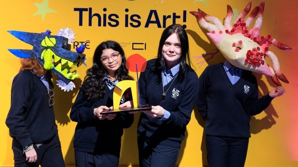 Just four of students of the 2025 This is Art! Group Category winners, Holly Peterson-Gallen, Alma Sarhan, Sophia Pilenok and Jiarui He of Dominican College, Taylors Hill, Galway with some of the winning works ‘Legend to Life’. Picture Andres Poveda