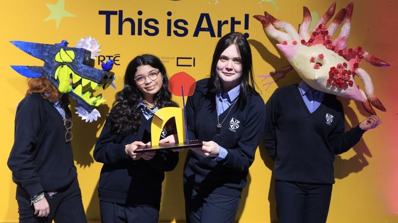 Just four of students of the 2025 This is Art! Group Category winners, Holly Peterson-Gallen, Alma Sarhan, Sophia Pilenok and Jiarui He of Dominican College, Taylors Hill, Galway with some of the winning works ‘Legend to Life’. Picture Andres Poveda