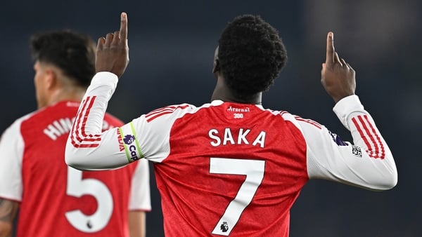 Bukayo Saka of Arsenal celebrates scoring his team's first goal during the Premier League match between Brighton & Hove Albion and Arsenal at Amex Stadium on March 04, 2026 in Brighton, England.
