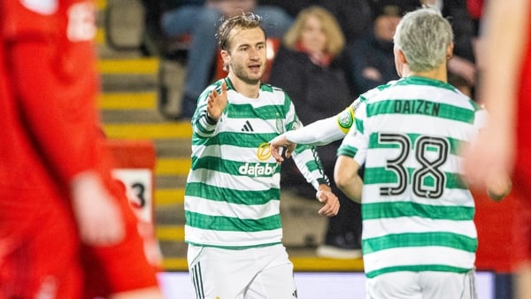 Celtic's Benjamin Nygren celebrates scoring to make it 2-1 during a William Hill Premiership match between Aberdeen and Celtic at Pittodrie Stadium, on March 04, 2026, in Aberdeen, Scotland.