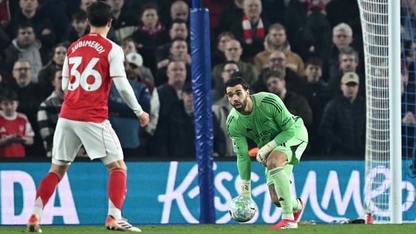 David Raya of Arsenal controls the ball during the Premier League match between Brighton & Hove Albion and Arsenal at Amex Stadium on March 04, 2026 in Brighton, England. (Photo by David Price/Arsenal FC via Getty Images)