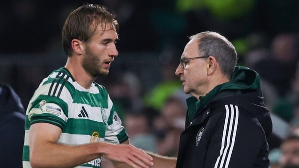 GLASGOW, SCOTLAND - OCTOBER 29: Celtic Interim Manager Martin O'neill hugs Benjamin Nygren during a William Hill Premiership match between Celtic and Falkirk at Celtic Park, on October 29, 2025, in Glasgow, Scotland. (Photo by Craig Williamson/SNS Group v