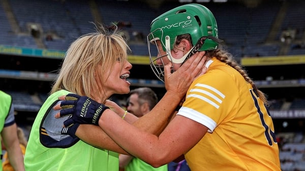 Antrim manager Elaine Dowds, left, celebrates with Róisín McCormick after the 2021 All-Ireland intermediate final victory