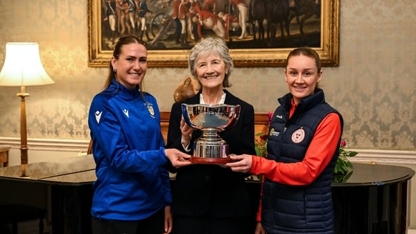 The President of Ireland Catherine Connolly receives FAI President's Cup representatives Athlone Town's Maddie Gibson, left, and Shelbourne's Rachel Graham at Áras an Uachtaráin in Dublin. On Saturday 31st January, last season’s SSE Airtricity Men’s Premi