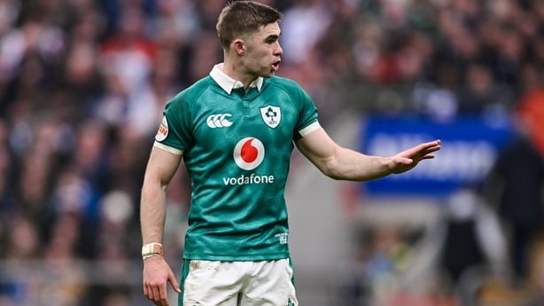 21 February 2026; Jack Crowley of Ireland during the Guinness 6 Nations Rugby Championship match between England and Ireland at the Allianz Stadium in Twickenham, England. Photo by Ramsey Cardy/Sportsfile