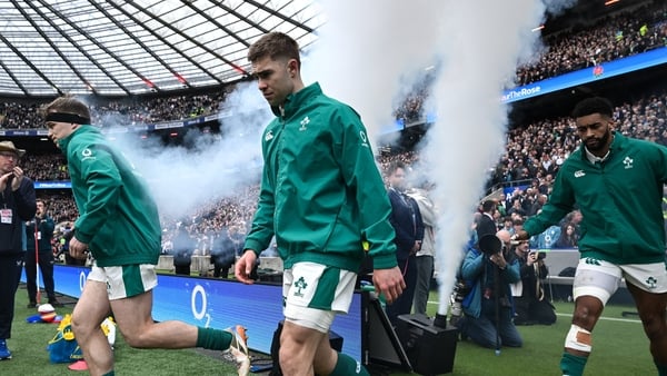 21 February 2026; Jack Crowley of Ireland makes his way onto the pitch before the Guinness 6 Nations Rugby Championship match between England and Ireland at the Allianz Stadium in Twickenham, England. Photo by Brendan Moran/Sportsfile