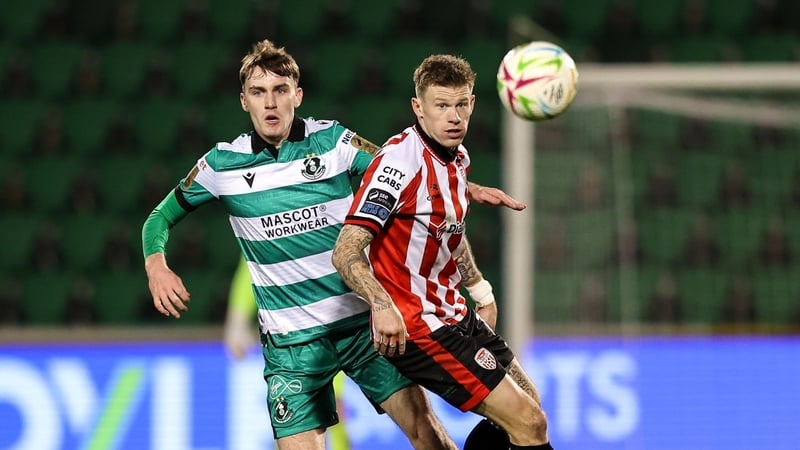 31 January 2026; James McClean of Derry City in action against Matt Healy of Shamrock Rovers during the 2026 Men's President's Cup final match between Shamrock Rovers and Derry City at Tallaght Stadium in Dublin. Photo by Michael P Ryan/Sportsfile