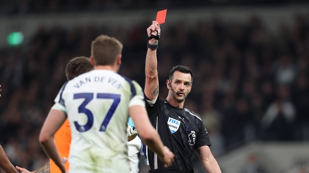 Micky van de Ven shown a red card in Premier League game against Crystal Palace - March 2026