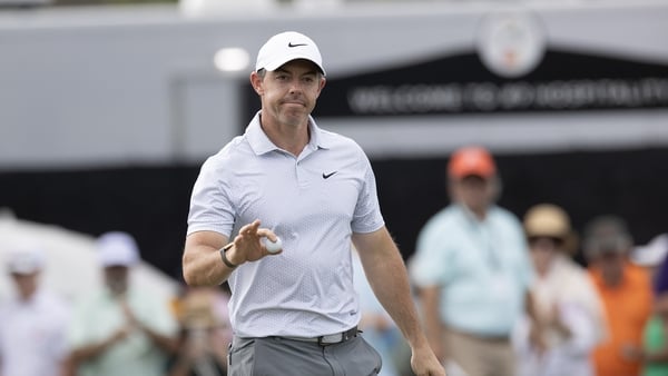 Rory McIlroy celebrates after making a birdie on 9th hole during the first round of the Arnold Palmer Invitational presented by Mastercard 2026 at Arnold Palmer Bay Hill Golf Course on March 5, 2026 in Orlando, Florida.