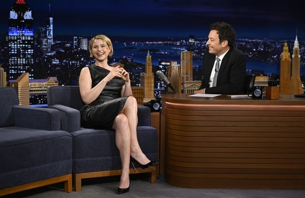 THE TONIGHT SHOW STARRING JIMMY FALLON -- Episode 2261 -- Pictured: (l-r) Actress Jessie Buckley during an interview with host Jimmy Fallon on Thursday, March 5, 2026 -- (Photo by: Todd Owyoung/NBC via Getty Images)