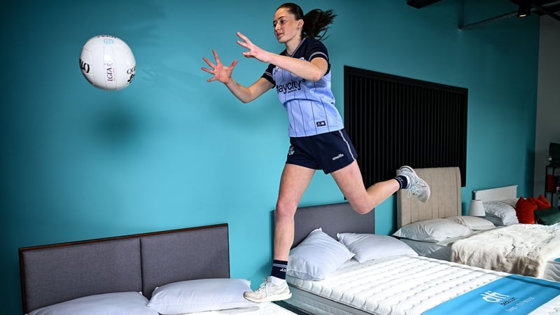 5 March 2026; Dublin ladies footballer Hannah McGinnis poses for a portrait at DFI Beds in Newry as DFI Beds announce the Dublin star as the new LGFA sleep ambassador. Photo by Ben McShane/Sportsfile *** NO REPRODUCTION FEE ***