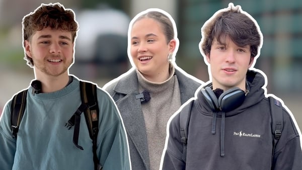 A collage of three UCD students speaking to RTÉ News