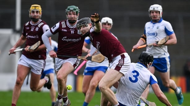 1 March 2026; Jason Rabbitte of Galway in action against Mark Fitzgerald of Waterford during the Allianz Hurling League Division 1A match between Galway and Waterford at Pearse Stadium in Galway. Photo by Daire Brennan/Sportsfile