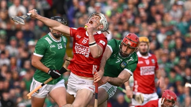 7 June 2025; Tommy O'Connell of Cork is tackled by Barry Nash of Limerick during the Munster GAA Hurling Senior Championship final match between Limerick and Cork at TUS Gaelic Grounds in Limerick. Photo by Ray McManus/Sportsfile