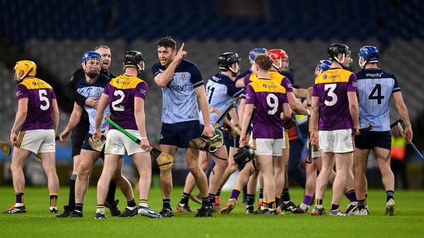 21 February 2026; Chris Crummey of Dublin and Darragh Carley of Wexford after the Allianz Hurling League Division 1B match between Dublin and Wexford at Croke Park in Dublin. Photo by Stephen McCarthy/Sportsfile