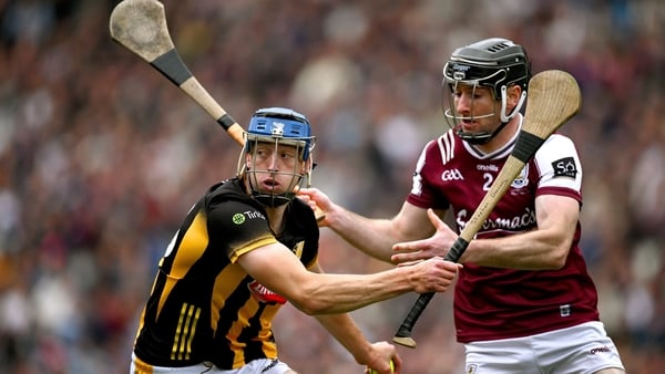 8 June 2025; Stephen Donnelly of Kilkenny is tackled by Padraic Mannion of Galway during the Leinster GAA Senior Hurling Championship final match between Kilkenny and Galway at Croke Park in Dublin. Photo by Ray McManus/Sportsfile