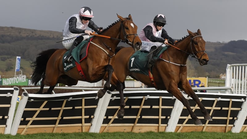 Bob Olinger (right) jumps the final hurdle ahead of Teahupoo and goes on to win the Paddy Power Stayers Hurdle during racing on day three of the Cheltenham National Hunt jump racing festival at Cheltenham Racecourse on March 13th 2025 in Gloucestershire,