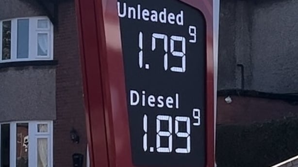 Petrol and diesel prices at a fuel station in Dublin