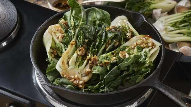 Cooking Garlic and Soy Roasted Baby Bok Choy with Sesame Oil and Ginger