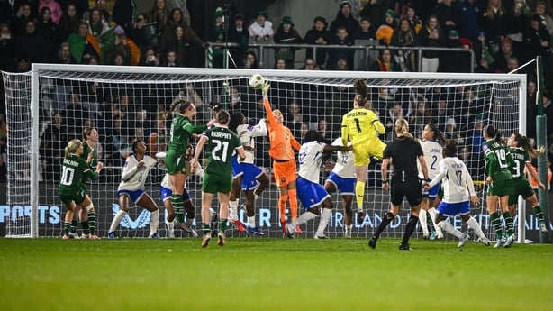 3 March 2026; France goalkeeper Constance Picaud makes a save during the 2027 FIFA Women's World Cup Qualifier match between Republic of Ireland and France at Tallaght Stadium in Dublin. Photo by Shauna Clinton/Sportsfile