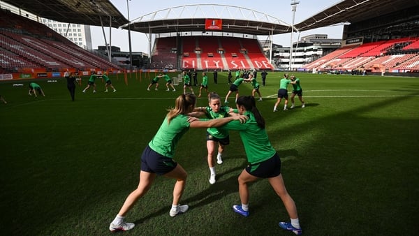 6 March 2026; Chloe Mustaki, centre, with Kyra Carusa, left, and Marissa Sheva, right, during a Republic of Ireland women's training session at Stadion Galgenwaard in Utrecht, Netherlands. Photo by Stephen McCarthy/Sportsfile