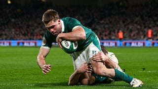 6 March 2026; Jack Crowley of Ireland scores his side's second try during the Guinness 6 Nations Rugby Championship match between Ireland and Wales at the Aviva Stadium in Dublin. Photo by Ramsey Cardy/Sportsfile