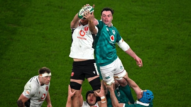 6 March 2026; James Ryan of Ireland and Alex Mann of Wales contest possession in a lineout during the Guinness 6 Nations Rugby Championship match between Ireland and Wales at the Aviva Stadium in Dublin. Photo by David Fitzgerald/Sportsfile