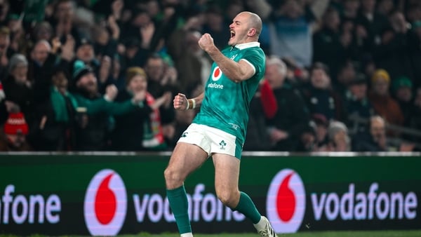 6 March 2026; Jacob Stockdale of Ireland celebrates after scoring his side's first try during the Guinness 6 Nations Rugby Championship match between Ireland and Wales at the Aviva Stadium in Dublin. Photo by Brendan Moran/Sportsfile