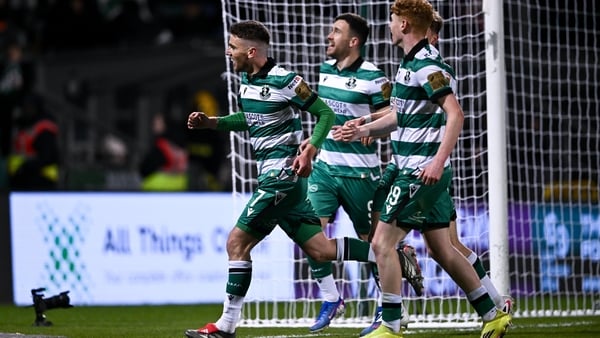 Dylan Watts of Shamrock Rovers celebrates after scoring his side's first goal, a penalty, during the SSE Airtricity Men's Premier Division match between Shamrock Rovers and Derry City at Tallaght Stadium in Dublin. Photo by Ben McShane/Sportsfile