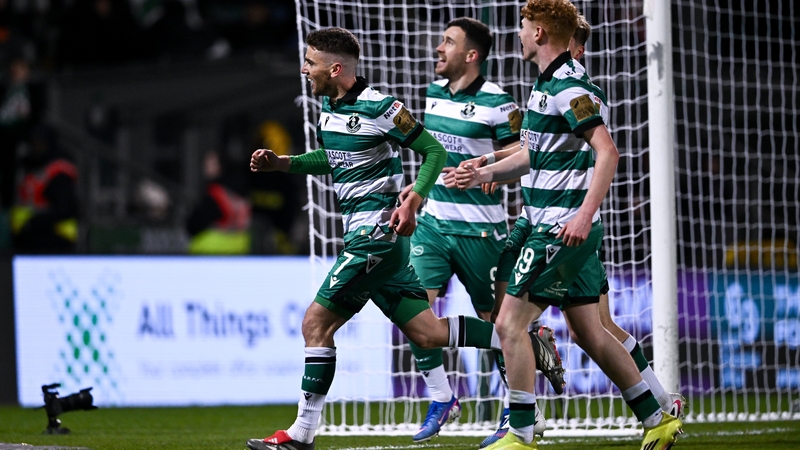 Dylan Watts of Shamrock Rovers celebrates after scoring his side's first goal, a penalty, during the SSE Airtricity Men's Premier Division match between Shamrock Rovers and Derry City at Tallaght Stadium in Dublin. Photo by Ben McShane/Sportsfile