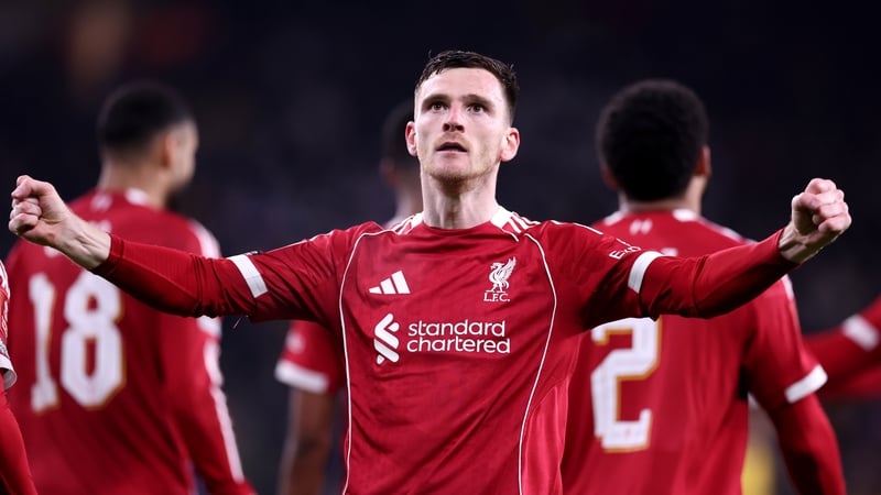 WOLVERHAMPTON, ENGLAND - MARCH 06: Andrew Robertson of Liverpool celebrates scoring his team's first goal during the Emirates FA Cup Fifth Round match between Wolverhampton Wanderers and Liverpool on March 06, 2026 in Wolverhampton, England. (Photo by Ale