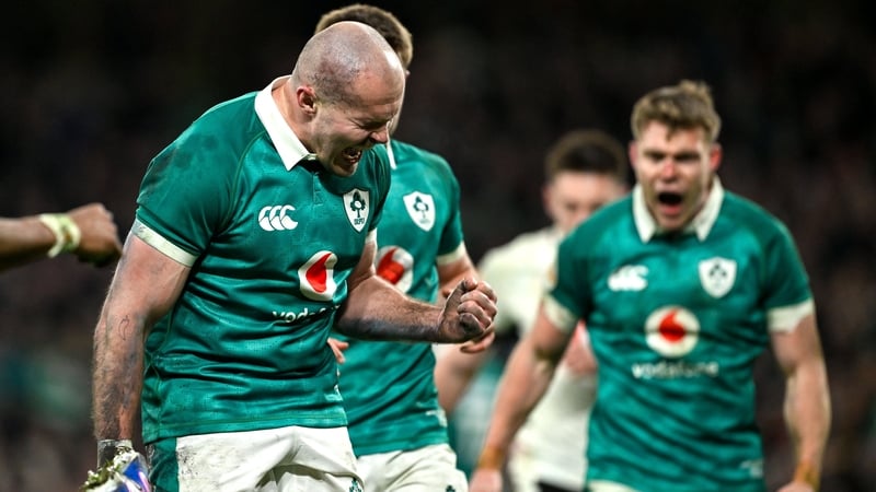 6 March 2026; Jacob Stockdale of Ireland celebrates after team-mate Jamie Osborne scores their side's fourth try during the Guinness 6 Nations Rugby Championship match between Ireland and Wales at the Aviva Stadium in Dublin. Photo by Ramsey Cardy/Sportsf