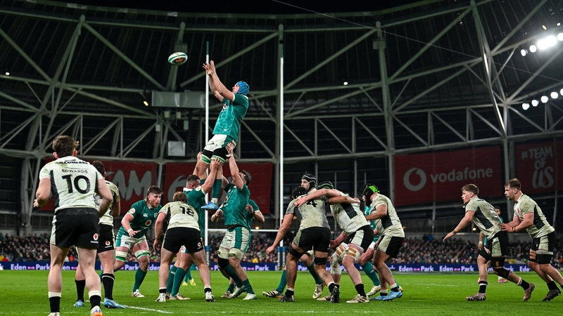 6 March 2026; Tadhg Beirne of Ireland wins possession in a lineout during the Guinness 6 Nations Rugby Championship match between Ireland and Wales at the Aviva Stadium in Dublin. Photo by Ramsey Cardy/Sportsfile