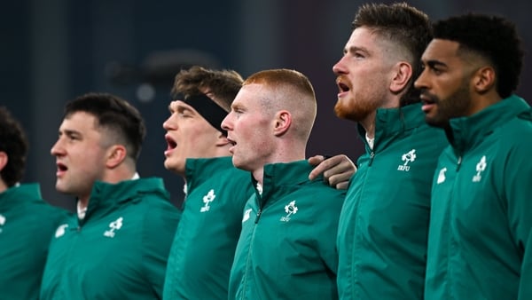 6 March 2026; Nathan Doak of Ireland, centre, and team-mates stand for the playing of the national anthems before the Guinness 6 Nations Rugby Championship match between Ireland and Wales at the Aviva Stadium in Dublin. Photo by Ramsey Cardy/Sportsfile