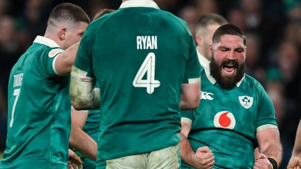6 March 2026; Tom O'Toole of Ireland celebrates his side's third try during the Guinness 6 Nations Rugby Championship match between Ireland and Wales at the Aviva Stadium in Dublin. Photo by Brendan Moran/Sportsfile