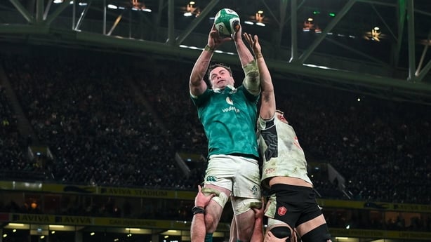 6 March 2026; James Ryan of Ireland and Alex Mann of Wales contest possession in a lineout during the Guinness 6 Nations Rugby Championship match between Ireland and Wales at the Aviva Stadium in Dublin. Photo by Brendan Moran/Sportsfile