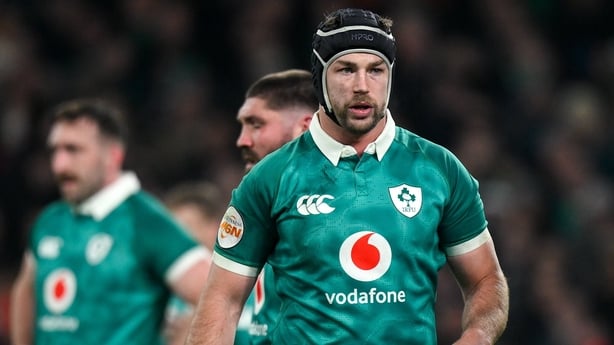 6 March 2026; Ireland captain Caelan Doris, centre, and team-mates during the Guinness 6 Nations Rugby Championship match between Ireland and Wales at the Aviva Stadium in Dublin. Photo by Brendan Moran/Sportsfile