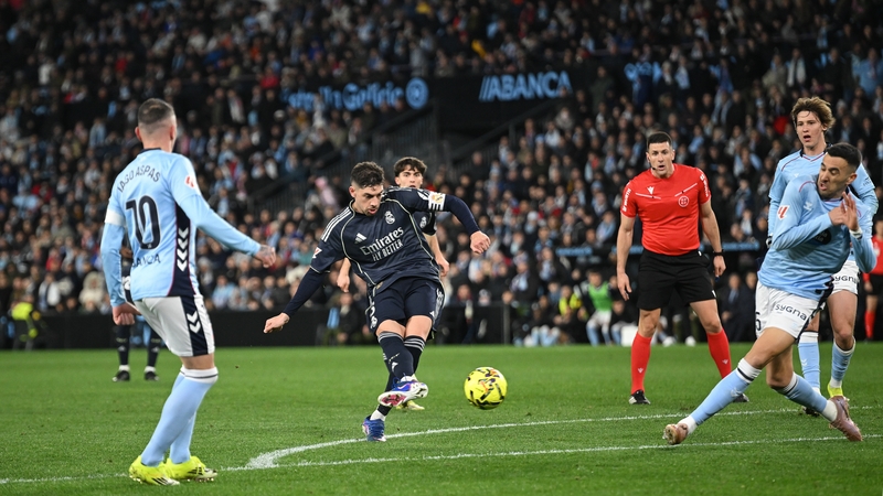 Federico Valverde of Real Madrid scores his team's second goal during the LaLiga EA Sports match between RC Celta de Vigo and Real Madrid CF at Estadio Abanca-Balaidos on March 06, 2026 in Vigo, Spain. (Photo by Denis Doyle/Getty Images)