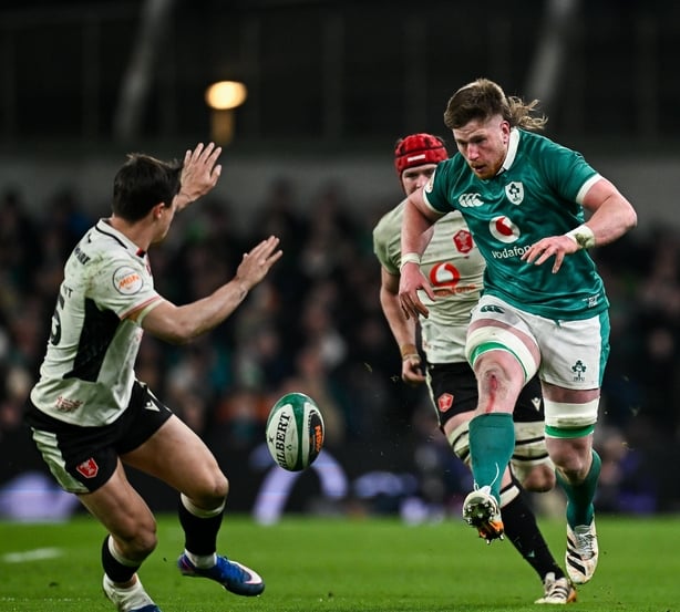6 March 2026; Joe McCarthy of Ireland kicks on during the Guinness 6 Nations Rugby Championship match between Ireland and Wales at the Aviva Stadium in Dublin. Photo by Seb Daly/Sportsfile