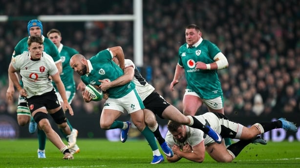 6 March 2026; Jamison Gibson-Park of Ireland is tackled by Wales players Tomas Francis, left, and Tomos Williams during the Guinness 6 Nations Rugby Championship match between Ireland and Wales at the Aviva Stadium in Dublin. Photo by Brendan Moran/Sportsfile