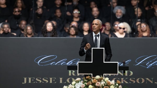 Former President Barack Obama speaks at a celebration of life service for civil rights leader Rev. Jesse Jackson Sr. at the House of Hope arena