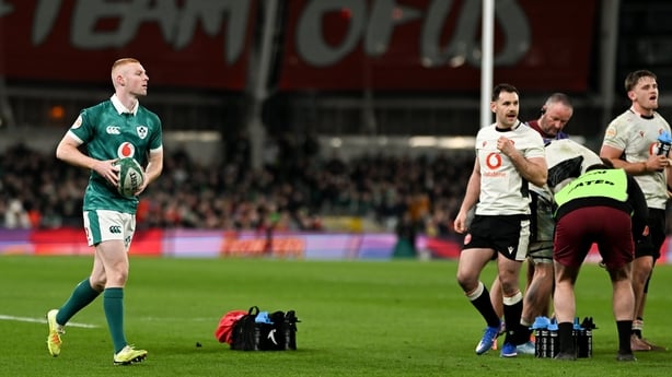 6 March 2026; Nathan Doak of Ireland makes his way onto the pitch to make his debut during the Guinness 6 Nations Rugby Championship match between Ireland and Wales at the Aviva Stadium in Dublin. Photo by Brendan Moran/Sportsfile
