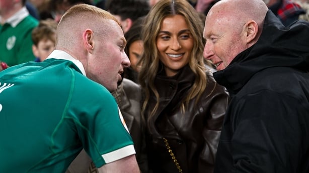 6 March 2026; Nathan Doak of Ireland with his father Neil, after his side's victory in the Guinness 6 Nations Rugby Championship match between Ireland and Wales at the Aviva Stadium in Dublin. Photo by Ramsey Cardy/Sportsfile