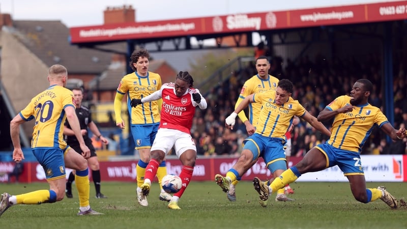 MANSFIELD, ENGLAND - MARCH 07: Eberechi Eze of Arsenal scores his team's second goal during the Emirates FA Cup Fifth Round match between Mansfield Town and Arsenal at One Call Stadium on March 07, 2026 in Mansfield, England. (Photo by Julian Finney/Getty