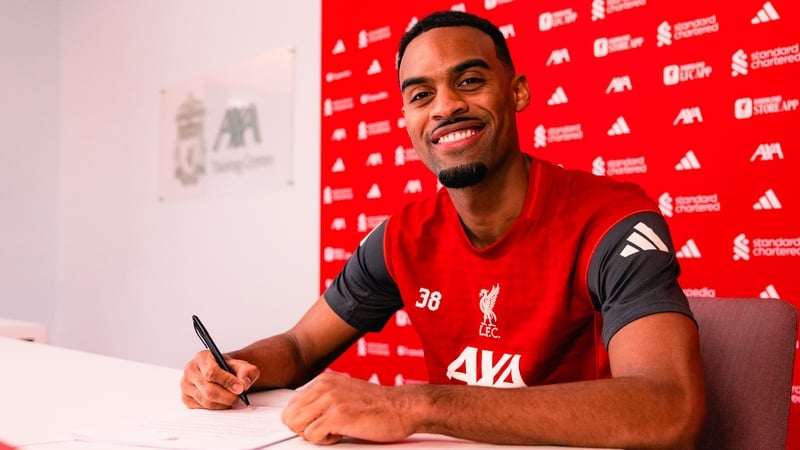 KIRKBY, ENGLAND - MARCH 07: Ryan Gravenberch signs new Liverpool FC contract at AXA Training Centre at AXA Training Centre on March 07, 2026 in Kirkby, England. (Photo by Nikki Dyer - LFC/Liverpool FC via Getty Images)