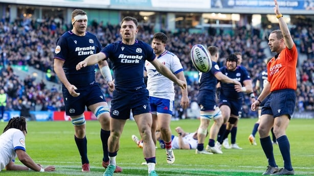 EDINBURGH, SCOTLAND - MARCH 07: Scotland's Ben White celebrates scoring his side's fourth try during a Guinness Six Nations match between Scotland and France at Scottish Gas Murrayfield, on March 07, 2026, in Edinburgh, Scotland. (Photo by Ross Parker/SNS Group via Getty Images)