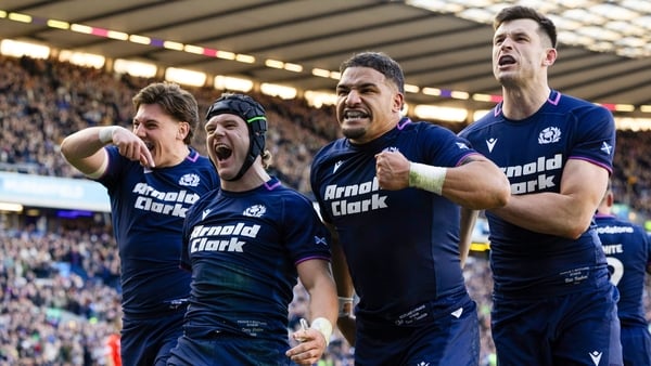 EDINBURGH, SCOTLAND - MARCH 07: Scotland's Darcy Graham (centre) celebrates scoring his side's sixth try during a Guinness Six Nations match between Scotland and France at Scottish Gas Murrayfield, on March 07, 2026, in Edinburgh, Scotland. (Photo by Ross