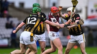 7 March 2026; Ronan Glennon of Galway in action against Cian Kenny, right, and Luke Connellan of Kilkenny during the Allianz Hurling League Division 1A match between Galway and Kilkenny at Pearse Stadium in Galway. Photo by David Fitzgerald/Sportsfile